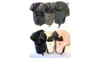 Fur Lined Ear Cover Hats w/ Leather Exterior Ear Cover Hats (Assorted Colors)